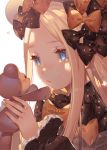  1girl abigail_williams_(fate/grand_order) bangs black_bow black_dress black_hat blonde_hair blue_eyes bow bug butterfly crying crying_with_eyes_open dress fate/grand_order fate_(series) fingernails forehead hair_bow hands_up hat heart holding holding_stuffed_animal insect joenny long_hair long_sleeves looking_away orange_bow parted_bangs parted_lips polka_dot polka_dot_bow simple_background sleeves_past_wrists solo stuffed_animal stuffed_toy tears teddy_bear very_long_hair white_background 