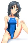  1girl absurdres bangs barefoot black_hair blue_eyes blue_swimsuit character_name commentary_request competition_swimsuit feet_out_of_frame girls_und_panzer head_tilt highres long_hair looking_at_viewer one-piece_swimsuit simple_background sitting smile solo swimsuit takafumi white_background yamagou_ayumi 