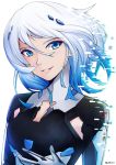  1girl 2017 beatless blue_eyes blue_hair blueriest bodysuit breasts chromatic_aberration cleavage cleavage_cutout floating_hair gradient_hair hair_between_eyes highres leicia medium_breasts multicolored_hair parted_lips silver_hair smile solo two-tone_hair upper_body white_background 