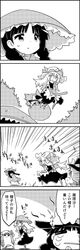  2girls 4koma =_= ajirogasa alternate_headwear apron broom broom_riding chasing comic commentary_request crescent crescent_hair_ornament double_bun dress emphasis_lines fleeing greyscale hair_ornament hand_on_headwear hat hat_ribbon headwear_switch highres kirisame_marisa long_hair looking_at_another looking_down looking_up low_twintails mob_cap monochrome multiple_girls patchouli_knowledge ribbon skirt tani_takeshi tears touhou translation_request twintails vest waist_apron yatadera_narumi yukkuri_shiteitte_ne 