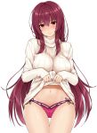  1girl bangs blush breasts closed_mouth clothes_lift commentary_request eyebrows_visible_through_hair fate/grand_order fate_(series) hair_between_eyes hair_intakes highres hips large_breasts long_hair long_sleeves looking_at_viewer mitsukazu_(nijigen_complex) navel pink_bikini_bottom purple_hair red_eyes ribbed_sweater scathach_(fate/grand_order) scathach_(swimsuit_assassin)_(fate) simple_background solo sweatdrop sweater sweater_lift thighs turtleneck turtleneck_sweater waist white_background white_sweater 