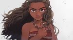  1girl bare_arms bare_shoulders breasts brown_eyes brown_hair clenched_hand close-up dark_skin disney floating_hair frown grey_background jewelry long_hair looking_at_viewer moana_(movie) moana_waialiki necklace pearl_necklace serious simple_background solo_focus tank_top upper_body wind wind_lift 