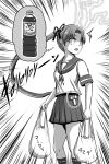  1girl absurdres ayanami_(kancolle) bag bottle emphasis_lines greyscale h2_(h20000000) highres kantai_collection long_hair miniskirt monochrome plastic_bag plastic_bottle school_uniform serafuku side_ponytail skirt solo surprised thought_bubble translation_request very_long_hair 