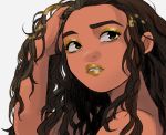  1girl brown_eyes brown_hair close-up curly_hair dark_skin disney expressionless eyeshadow face gloves grey_background hand_in_hair lipstick long_hair looking_away looking_up makeup moana_(movie) moana_waialiki simple_background solo_focus upper_body yellow_lipstick 