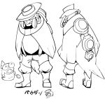  1boy boots fish fishman greyscale hat head_fins male_focus monochrome monster_boy multiple_views personification salmonid sido_(slipknot) simple_background smallfry_(splatoon) splatoon splatoon_2 spoon steel_eel suspenders turnaround white_background 
