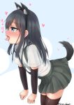  1girl animal_ears arm_warmers asashio_(kantai_collection) bangs black_hair black_legwear blue_eyes blush commentary_request dog_ears dog_tail eyebrows_visible_through_hair female heart highres kantai_collection kemonomimi_mode legs_together long_hair open_mouth rokosu_(isibasi403) shirt short_sleeves skirt solo suspender_skirt suspenders tail thigh-highs tongue tongue_out white_shirt 