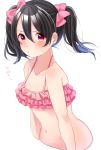  1girl bangs bikini black_hair blush bow collarbone cropped_torso frilled_bikini frills hair_bow halterneck highres looking_at_viewer love_live! love_live!_school_idol_project midriff navel pink_bikini pink_bow pout red_eyes shuga_(0329tixi) simple_background solo sweatdrop swimsuit translated twintails upper_body v-shaped_eyebrows white_background yazawa_nico 