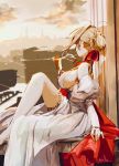  1girl ahoge barefoot blonde_hair braid breasts crown_braid cup detached_sleeves dress drinking_glass earrings facing_away fate/extra fate_(series) from_side hair_bun hair_ribbon highres jewelry large_breasts looking_afar looking_away nero_claudius_(fate)_(all) ribbon sideboob sitting sketch solo white_dress wine_glass yama_(ymmm_66) 