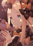  1girl abigail_williams_(fate/grand_order) bangs black_bow black_dress black_hat blonde_hair blue_eyes bow bug butterfly commentary crying crying_with_eyes_open dress fate/grand_order fate_(series) fingernails forehead hair_bow hands_up hat heart holding holding_stuffed_animal insect joenny long_hair long_sleeves looking_away orange_bow parted_bangs parted_lips polka_dot polka_dot_bow sleeves_past_wrists solo stuffed_animal stuffed_toy tears teddy_bear very_long_hair 
