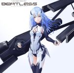  1girl beatless black_legwear blue_eyes blue_hair breasts bridal_gauntlets cleavage cleavage_cutout copyright_name fattybot floating_hair hair_between_eyes highres holding holding_weapon leicia leotard long_hair looking_at_viewer medium_breasts sketch smile solo thigh-highs weapon white_background 