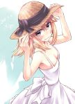  blonde_hair blush breasts character_request cleavage copyright_request downblouse dress dutch_angle from_above hair_between_eyes hat highres hikawa_shou holding holding_hat short_hair small_breasts straw_hat sundress sweat violet_eyes wavy_mouth 