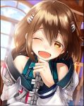  1girl artist_request blush breasts brown_eyes brown_hair dress hair_between_eyes hair_ornament hairclip laughing longinus_(phantom_of_the_kill) looking_at_viewer official_art open_mouth phantom_of_the_kill short_hair small_breasts solo tearing_up window 