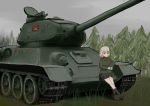  1girl blonde_hair blue_eyes caterpillar_tracks day emblem girls_und_panzer grass ground_vehicle highres katyusha military military_vehicle motor_vehicle pravda_(emblem) pravda_school_uniform skirt sky suzuki_puramo t-34 tank tree uniform 