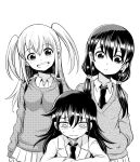  3girls :d bags_under_eyes black_hair blush cardigan commentary_request earphones frown hands_in_pockets highres kuroki_tomoko long_hair low_twintails monochrome multiple_girls necktie nemoto_hina newsprint_texture open_mouth smile sweatdrop sweater tamura_yuri twintails two_side_up watashi_ga_motenai_no_wa_dou_kangaetemo_omaera_ga_warui! zatou_(kirsakizato) 