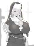  1girl backlighting bible book breasts cleavage commentary cross cross_necklace english_commentary greyscale habit huge_breasts impossible_clothes jewelry magister_(medical_whiskey) medium_hair mole mole_under_eye monochrome necklace nun original rope_around_waist side_slit solo taut_clothes 