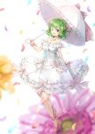  1girl ;d alternate_costume ankle_ribbon arm_behind_back bare_shoulders blurry blurry_background bow braid breasts cleavage collarbone dress floral_background flower frilled_dress frills green_hair hair_ribbon high_heels highres holding holding_umbrella kazami_yuuka medium_breasts one_eye_closed open_mouth petals pink_bow pink_footwear pink_ribbon red_eyes ribbon shironeko_yuuki short_hair smile solo strapless strapless_dress touhou umbrella white_background white_dress wrist_ribbon 