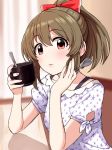  1girl blush bow brown_hair collarbone cup fork hair_bow hand_on_own_cheek head_rest holding holding_cup holding_fork hori_yuuko idolmaster idolmaster_cinderella_girls looking_at_viewer omaru_gyuunyuu ponytail red_bow red_eyes shirt short_sleeves solo spoon star star_print table teaspoon white_shirt 