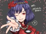 1girl dated hair_ornament headband heart leaf leaf_hair_ornament looking_at_viewer maple_leaf mirror mudix2 one_eye_closed outstretched_hand purple_hair red_eyes rope shimenawa short_hair signature smile solo speech_bubble spoken_heart touhou translated twitter_username yasaka_kanako 