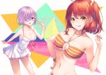  2girls :d :q absurdres bangs bare_arms bare_shoulders bikini black-framed_eyewear blush bracelet breasts brown_eyes cleavage closed_mouth collarbone commentary_request dress dress_swimsuit eyebrows_visible_through_hair fate/grand_order fate_(series) fingernails fujimaru_ritsuka_(female) glasses hair_between_eyes hair_over_one_eye halter_top halterneck hand_on_hip hand_up highres jewelry large_breasts looking_at_viewer mash_kyrielight multiple_girls navel o-ring o-ring_bikini o-ring_top open_mouth orange_bikini purple_hair redhead smile striped striped_bikini swimsuit swimsuit_of_perpetual_summer tongue tongue_out violet_eyes wakuta_chisaki white_dress 