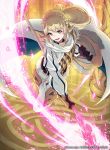  1girl 40hara armor blonde_hair braid brown_gloves cape company_name crown_braid fire_emblem fire_emblem_cipher fire_emblem_heroes gloves green_eyes highres holding holding_shield holding_weapon long_hair long_sleeves official_art open_mouth polearm sharena shield skirt solo weapon white_skirt 