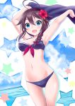  1girl :d ahoge arms_up bangs bare_arms bare_shoulders bikini black_bikini blue_eyes blue_sky blush braid brown_hair clouds commentary_request day eyebrows_visible_through_hair flower front-tie_bikini front-tie_top hair_between_eyes hair_flaps hair_flower hair_ornament highres holding horizon kantai_collection long_hair looking_at_viewer navel neko_danshaku ocean open_mouth red_flower remodel_(kantai_collection) shigure_(kantai_collection) side_braid single_braid sky smile solo star star_in_eye swimsuit symbol_in_eye water white_background 