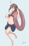  1girl adapted_costume ahoge barefoot bikini black_bikini black_hair black_sarong blue_eyes braid breasts front-tie_top full_body hair_flaps hair_over_shoulder highres holding holding_innertube infini innertube kantai_collection looking_at_viewer remodel_(kantai_collection) shigure_(kantai_collection) single_braid small_breasts solo swimsuit 