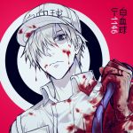  1boy baseball_cap black_eyes blood bloody_clothes character_name closed_mouth gloves hair_over_one_eye hat hataraku_saibou jumpsuit looking_at_viewer male_focus red_background solo u-1146 white_gloves white_hair white_skin 