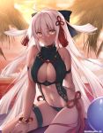  1girl adapted_costume arm_strap backlighting bow bracelet breasts bright_pupils brown_eyes cleavage dark_skin dusk fate/grand_order fate_(series) hair_between_eyes hair_bow horizon jewelry long_hair looking_at_viewer navel okita_souji_(alter)_(fate) okita_souji_(fate)_(all) outdoors sidelocks sitting solo sunset swimsuit tassel thigh_strap very_long_hair white_hair 