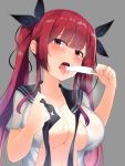  1girl azur_lane bangs black_ribbon blush breasts commentary_request contemporary eyebrows_visible_through_hair food hair_ribbon highres honolulu_(azur_lane) impossible_clothes kapibara_(mc0314) large_breasts long_hair looking_at_viewer no_bra open_clothes open_shirt popsicle red_eyes redhead ribbon school_uniform simple_background twintails untied upper_body 
