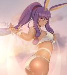  1girl animal_ears artist_request ass bangs bare_shoulders bikini blush breasts closed_mouth dark_skin earrings facepaint facial_mark fate/grand_order fate_(series) highres hips hoop_earrings jackal_ears jewelry long_hair looking_at_viewer medium_breasts nitocris_(fate/grand_order) nitocris_(swimsuit_assassin)_(fate) ponytail purple_hair sash sidelocks solo splashing swimsuit tiara very_long_hair violet_eyes waist white_bikini white_swimsuit wrist_cuffs 