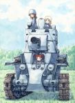  3girls aki_(girls_und_panzer) blue_hat blue_jacket blue_sky brown_eyes brown_hair bt-42 caterpillar_tracks closed_mouth clouds cloudy_sky commentary day girls_und_panzer green_eyes ground_vehicle hair_tie hat highres jacket keizoku_military_uniform light_brown_hair long_sleeves mika_(girls_und_panzer) mikko_(girls_und_panzer) military military_uniform military_vehicle motor_vehicle multiple_girls omachi_(slabco) outdoors raglan_sleeves red_eyes redhead riding short_hair short_twintails sky smile tank track_jacket traditional_media twintails uniform 