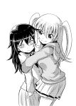  2girls bags_under_eyes bangs blush commentary greyscale hair_between_eyes hand_on_another&#039;s_cheek hand_on_another&#039;s_face highres hood hoodie hug kuroki_tomoko long_hair long_sleeves looking_at_another monochrome multiple_girls nemoto_hina open_mouth pleated_skirt pushing_away pushing_face school_uniform skirt smile sweatdrop two_side_up v-shaped_eyebrows watashi_ga_motenai_no_wa_dou_kangaetemo_omaera_ga_warui! white_background yuri zatou_(kirsakizato) 