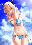 1girl ;d absurdres bangs bikini black_bow black_scarf blonde_hair blue_bikini bow breasts celeryma cleavage clouds cloudy_sky commentary_request cowboy_shot eyebrows_visible_through_hair fate/grand_order fate_(series) hair_between_eyes highres large_breasts okita_souji_(fate) okita_souji_(fate)_(all) one_eye_closed open_mouth scarf side-tie_bikini signature sky smile solo swimsuit yellow_eyes 