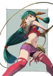  1girl boots feena_(grandia) grandia grandia_i green_hair grin holding_whip long_hair navel nekoguchi red_eyes red_legwear skirt smile solo thigh-highs thigh_boots 