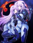  2girls :o armor ass asymmetrical_docking black_background blue_eyes blue_legwear bodysuit breast_press breasts commentary_request covered_navel cryska_barchenowa gauntlets groin headset hug inia_sestina large_breasts long_hair multiple_girls muvluv muvluv_alternative muvluv_total_eclipse official_art oukasirayami skin_tight standing very_long_hair white_hair 