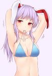  1girl alternate_hairstyle animal_ears armpits arms_up bare_arms bikini blue_bikini blush breasts collarbone commentary_request highres long_hair looking_at_viewer medium_breasts miyo_(ranthath) mouth_hold navel ponytail purple_background purple_hair rabbit_ears red_eyes reisen_udongein_inaba shiny shiny_skin sidelocks simple_background solo stomach sweat swimsuit touhou tying_hair untied untied_bikini upper_body 