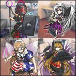  4girls american_flag_dress american_flag_legwear blonde_hair bucket bucket_on_head chains clownpiece container earth english epic fairy_wings fighting_stance hecatia_lapislazuli jacket junko_(touhou) kaliningradg kishin_sagume kitchen knife ladle legacy_of_lunatic_kingdom moon multiple_girls object_on_head open_clothes open_jacket shield shirt single_wing skirt t-shirt touhou what white_hair wings 