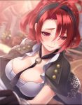  1girl artist_request balmung_(phantom_of_the_kill) between_breasts black_capelet black_gloves blush breasts capelet gloves headband large_breasts necktie necktie_between_breasts official_art phantom_of_the_kill red_eyes redhead smile 