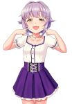  1girl :3 :d bangs blouse blush breasts brown_eyes collarbone commentary_request cowboy_shot eyebrows_visible_through_hair finger_to_mouth hair_intakes hair_ornament hairclip half-closed_eyes hands_up idolmaster idolmaster_cinderella_girls jewelry koshimizu_sachiko momoda_yasuhito necklace open_mouth pleated_skirt puffy_short_sleeves puffy_sleeves purple_hair purple_skirt short_hair short_sleeves simple_background skirt small_breasts smile solo thigh_gap white_background white_blouse 
