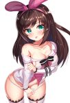  1girl 2drr :p a.i._channel bangs blush breasts brown_hair cleavage closed_mouth collarbone commentary_request eyebrows_visible_through_hair green_eyes groin hair_ribbon kizuna_ai large_breasts long_hair long_sleeves multicolored_hair no_pants off_shoulder panties panty_pull pink_hair pink_ribbon ribbon shirt simple_background smile solo streaked_hair thigh-highs tongue tongue_out underwear virtual_youtuber white_background white_legwear white_panties white_shirt 