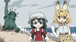  2girls animal_ears backpack bag black_eyes hat_feather helmet highres kaban_(kemono_friends) kemono_friends looking_at_viewer multiple_girls photo pith_helmet planet_of_the_apes red_shirt serval_(kemono_friends) serval_ears serval_print serval_tail shirt smile statue statue_of_liberty tail tsukumizu_yuu waving 