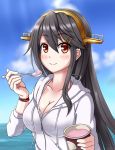  1girl beach black_hair blue_sky blush breasts brown_eyes cleavage clouds cloudy_sky food hairband haruna_(kantai_collection) headgear highres holding ice_cream jacket kantai_collection karuna_(madlax) long_hair long_sleeves medium_breasts sky smile solo spoon track_jacket upper_body water white_jacket 
