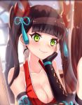  artist_request blush breasts cleavage elbow_gloves fingerless_gloves gloves green_eyes hair_ornament hand_on_own_face large_breasts mirror official_art phantom_of_the_kill reflection ribbon smile tonbokiri_(phantom_of_the_kill) twintails window 