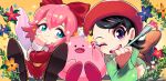  2girls ;d adeleine beret blue_eyes bow fairy fairy_wings gashi-gashi hair_ribbon hat highres kirby kirby:_star_allies kirby_(series) kirby_64 lying multiple_girls on_stomach one_eye_closed open_mouth paintbrush pink_hair red_bow ribbon ribbon_(kirby) sitting smile smock socks solid_circle_eyes star_rod violet_eyes wings 