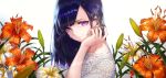  1girl absurdres blue_hair closed_mouth commentary english_commentary flower highres long_hair looking_at_viewer mito_itsuki original simple_background solo tears upper_body violet_eyes 
