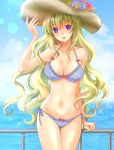  1girl :d arm_support bikini blonde_hair blue_flower blue_sky breasts cleavage clouds code_geass:_boukoku_no_akito collarbone day eyebrows_visible_through_hair floating_hair flower groin hair_between_eyes hat hat_flower head_tilt komaichi large_breasts leila_(code_geass) lens_flare long_hair navel ocean open_mouth outdoors red_flower side-tie_bikini sky smile solo standing sun_hat swimsuit very_long_hair violet_eyes 