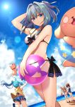  4girls :3 :d ahoge animal arm_behind_head arm_up ball bangs bare_arms bare_shoulders beach beachball bikini black_bow black_footwear black_ribbon blonde_hair blue_bikini blue_eyes blue_hair blue_skirt blue_sky blue_swimsuit blurry blush bow breasts brown_hair casual_one-piece_swimsuit cat cleavage closed_mouth clouds collarbone commentary_request day depth_of_field dog dutch_angle expressionless eyebrows_visible_through_hair facing_away flip-flops floating_hair food food_in_mouth from_below front-tie_bikini front-tie_top grey_hair hair_between_eyes hair_intakes hair_ribbon hair_tie highres holding holding_ball holding_food hood hood_down hoodie horizon innertube jumping lens_flare long_hair looking_at_another looking_at_viewer looking_down mahcdai medium_breasts medium_hair miniskirt multiple_girls o_o ocean one-piece_swimsuit open_mouth original pink_bikini pink_footwear pink_ribbon planol_note ponytail ramune red_collar ribbon rum_ialis running sand sandals sausage see-through shadow shiny shiny_hair short_ponytail side-tie_bikini sidelocks skirt sky sleeveless sleeveless_hoodie smile standing star summer sun swimsuit twintails very_long_hair violet_eyes white_bikini wind yellow_hoodie 