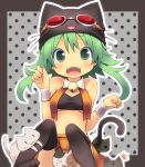  /\/\/\ 1girl :3 :d animal animal_hat bangs bell black_border black_cat black_legwear border breasts calico cat cat_hat convenient_censoring crop_top detached_collar eyebrows_visible_through_hair fangs goggles goggles_on_headwear green_eyes green_hair grey_background grey_cat gumi hat jingle_bell kuro_(kuroneko_no_kanzume) looking_at_viewer midriff neck_bell open_mouth orange_skirt outline paw_pose polka_dot polka_dot_background red_goggles short_hair_with_long_locks sitting skirt small_breasts smile solo thigh-highs under_boob vocaloid white_outline wristband 