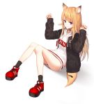  1girl absurdres animal_ears arms_up bare_legs black_jacket blonde_hair blue_eyes dog_ears dog_tail full_body highres hood hood_down hoodie jacket kmnz_lita long_hair mc_lita nail_polish panties pantyshot pantyshot_(sitting) paw_print red_footwear red_nails simple_background sitting smile sugar_(dndi888) tail underwear virtual_youtuber white_background 