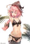  1boy ;d armpits arms_up astolfo_(fate) black_bow black_bra black_legwear black_panties blush bow bra braid eto_(nistavilo2) eyebrows_visible_through_hair fang fate/apocrypha fate/grand_order fate_(series) fishnet_legwear fishnets hair_bow long_hair looking_at_viewer male_focus navel one_eye_closed open_mouth panties pink_hair side-tie_panties simple_background single_braid smile solo standing thigh-highs trap twitter_username underwear underwear_only violet_eyes white_background 